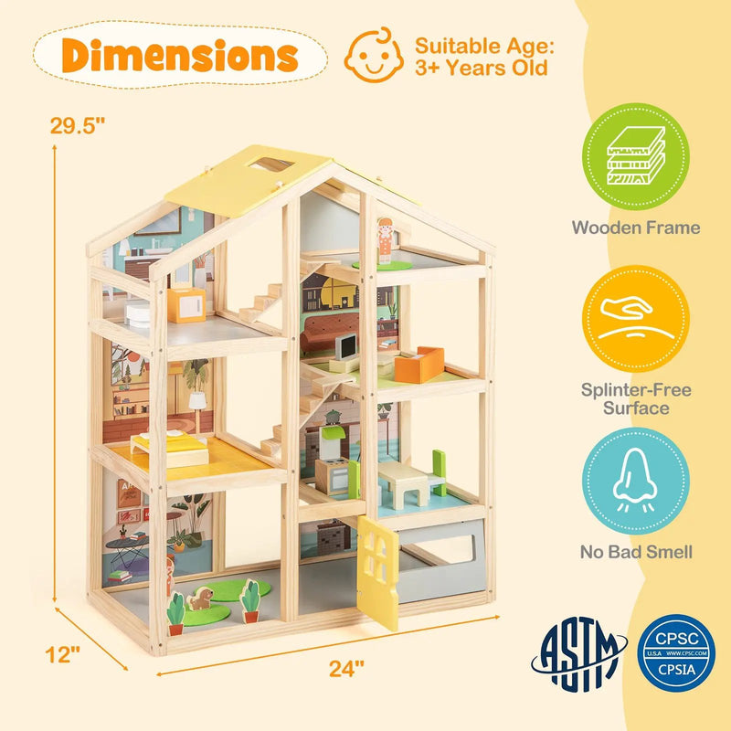 Wooden Dollhouse for Kids Modern Family Pretend Playhouse with Furniture Pieces and Figures-Natural by DirectDeals