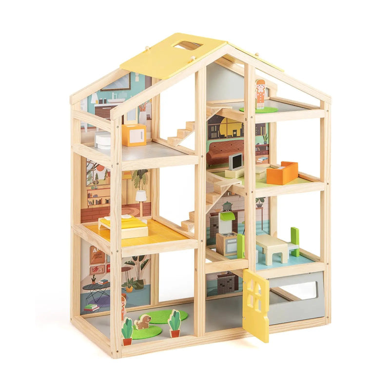 Wooden Dollhouse for Kids Modern Family Pretend Playhouse with Furniture Pieces and Figures-Natural by DirectDeals