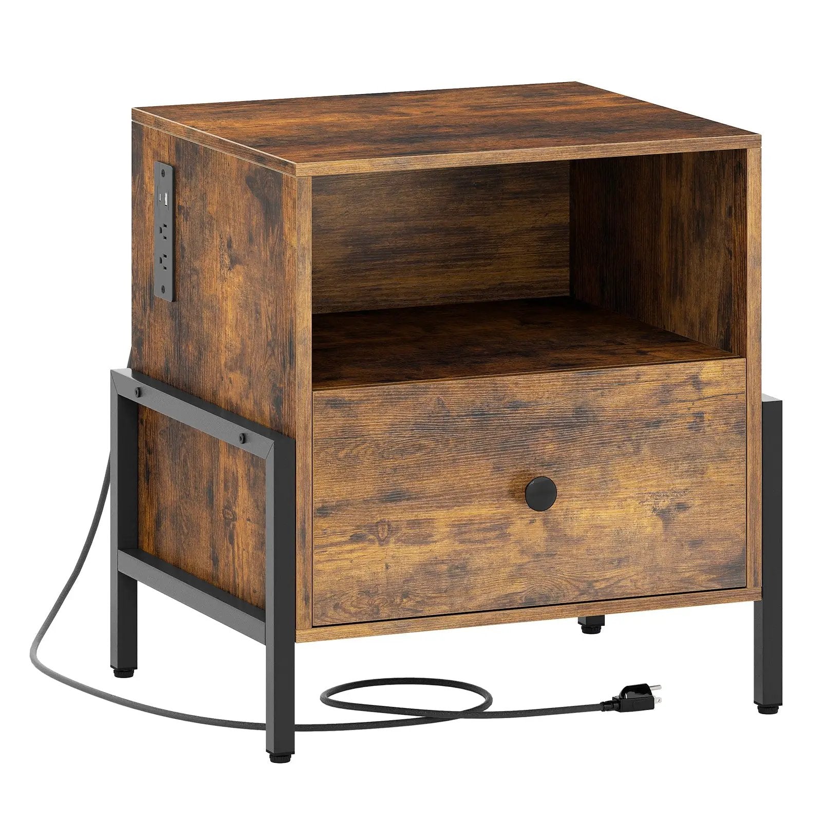 Nightstand with Charging Station and Drawer Sofa Side Table-Rustic Brown by DirectDeals