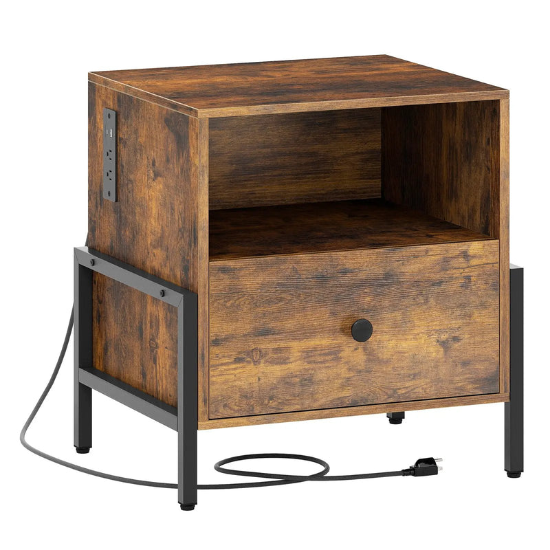 Nightstand with Charging Station and Drawer Sofa Side Table-Rustic Brown by DirectDeals