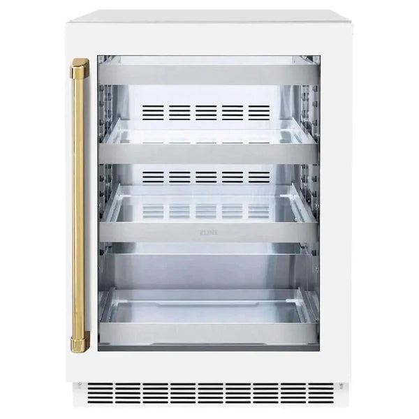 ZLINE 24" Touchstone 151 Can Beverage Fridge White Matte Glass Door Polished Gold Handle RBSOZ-WM-24-G