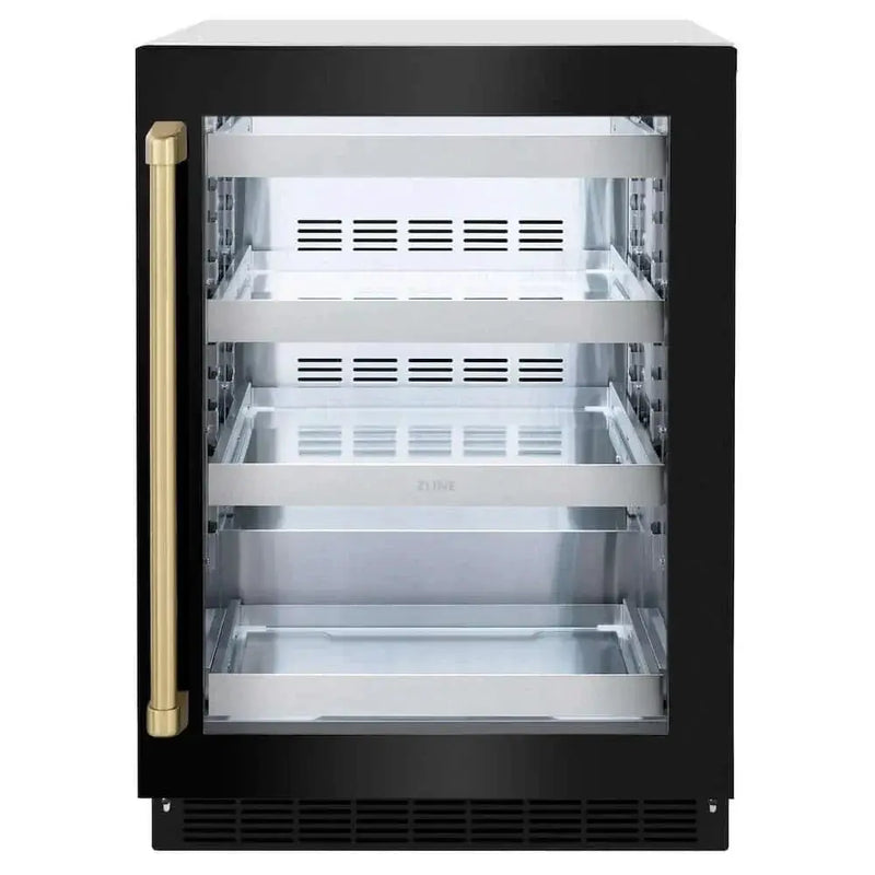 ZLINE 24" Touchstone 151 Can Beverage Fridge Black Stainless Steel Glass Door Champagne Bronze Handle RBSOZ-BS-24-CB by Farmhouse Kitchen and Bath