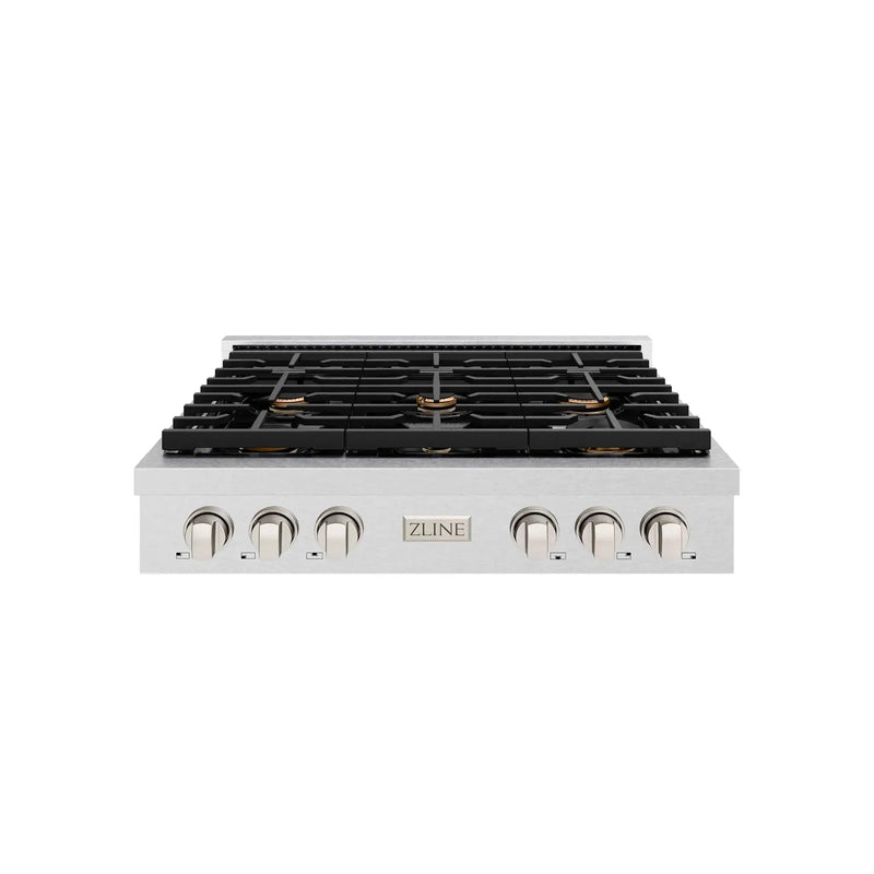 ZLINE 36" Paramount Gas Rangetop DuraSnow® Stainless Steel Brass Burners SRTS-BR-36 by Farmhouse Kitchen and Bath