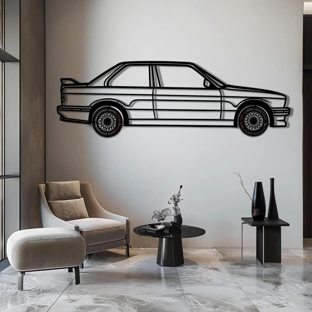 BMW E30 M3 Metal Car Wall Art with Rotating Wheels - Classic M Power Silhouette Decor - Interactive Automotive Wall Art - KAFMEKA100 by Enova Art