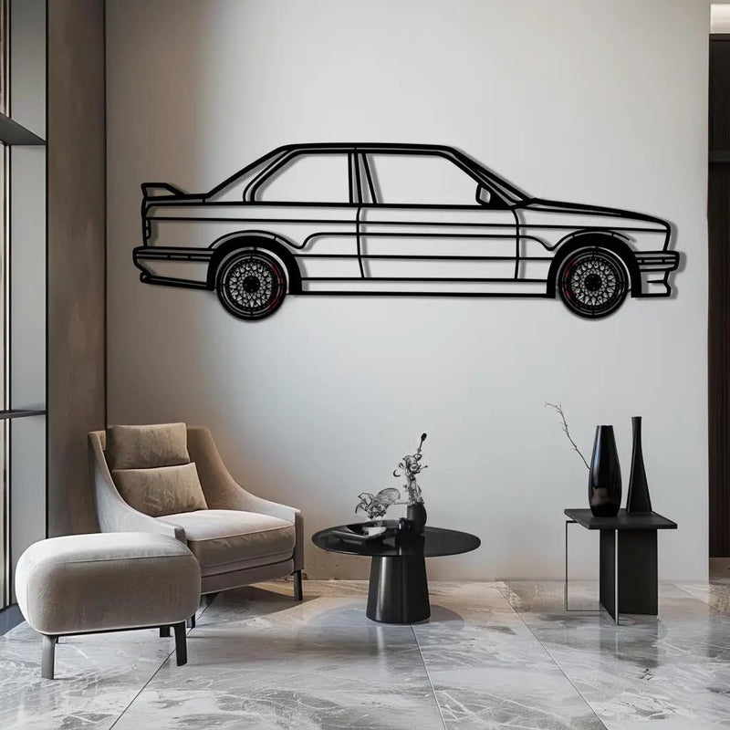 BMW E30 M3 Metal Car Wall Art with Rotating Wheels - Classic M Power Silhouette Decor - Interactive Automotive Wall Art - KAFMEKA100 by Enova Art