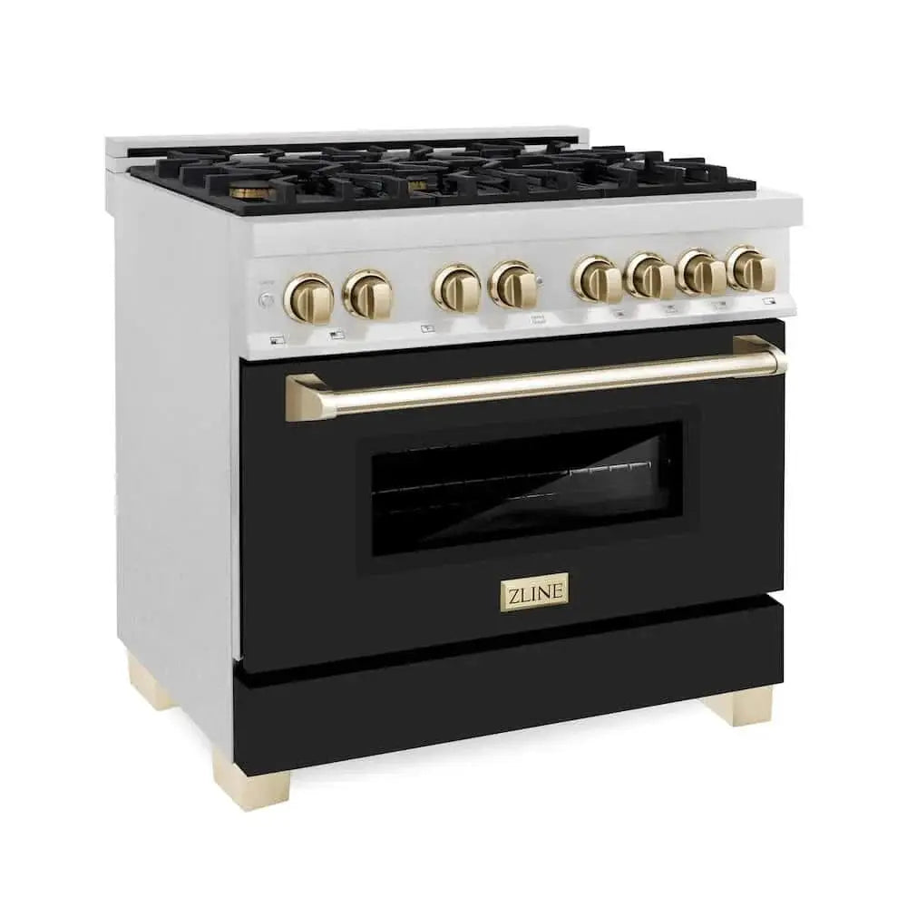 ZLINE 36" Autograph, Dual Fuel Range, Black Door, Gold, RASZ-BLM-36-G by Farmhouse Kitchen and Bath
