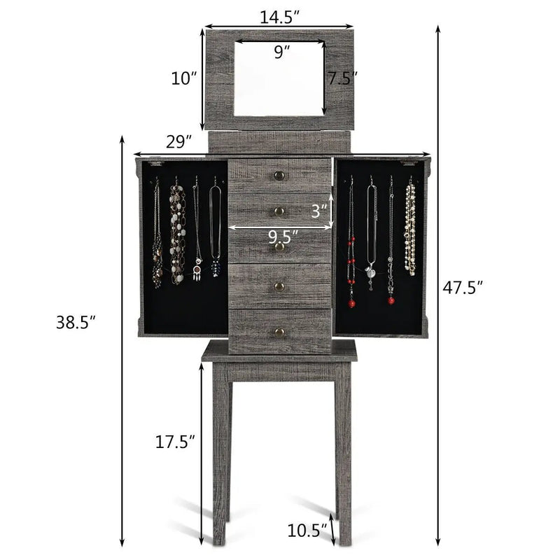 Standing Jewelry Cabinet Storage Organizer with Wooden Legs-Gray by DirectDeals