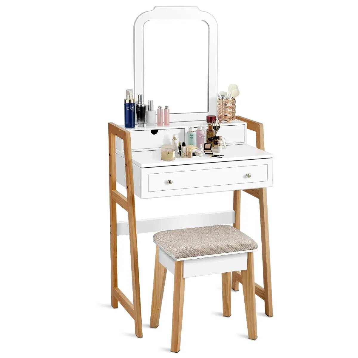 Vanity Table Set with Cushioned Stool and Large Mirror by DirectDeals