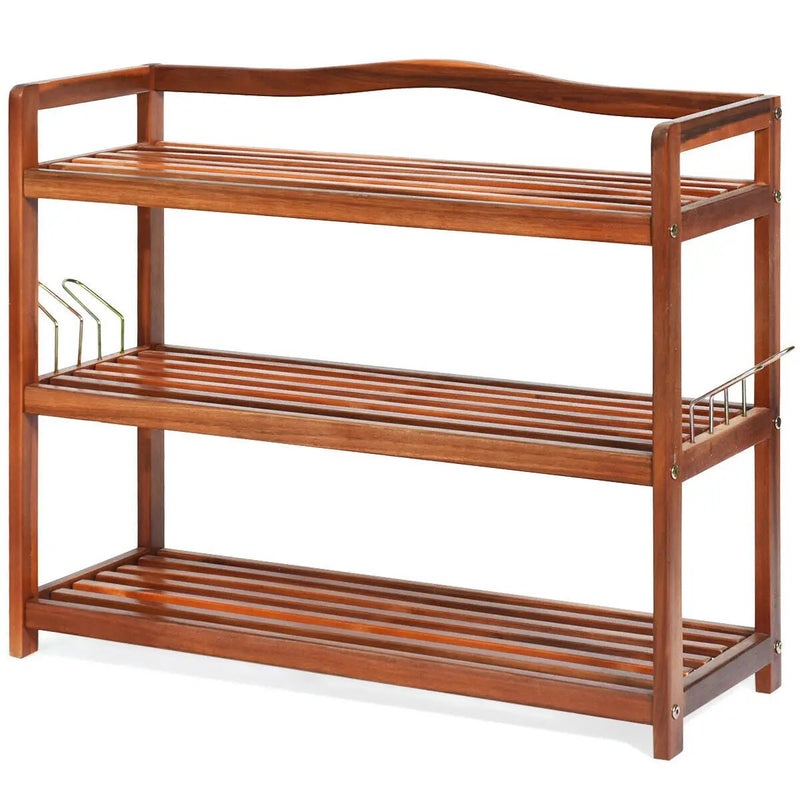 2-Tier Acacia Wood Shoe Rack with 4 Side Metal Hooks by DirectDeals