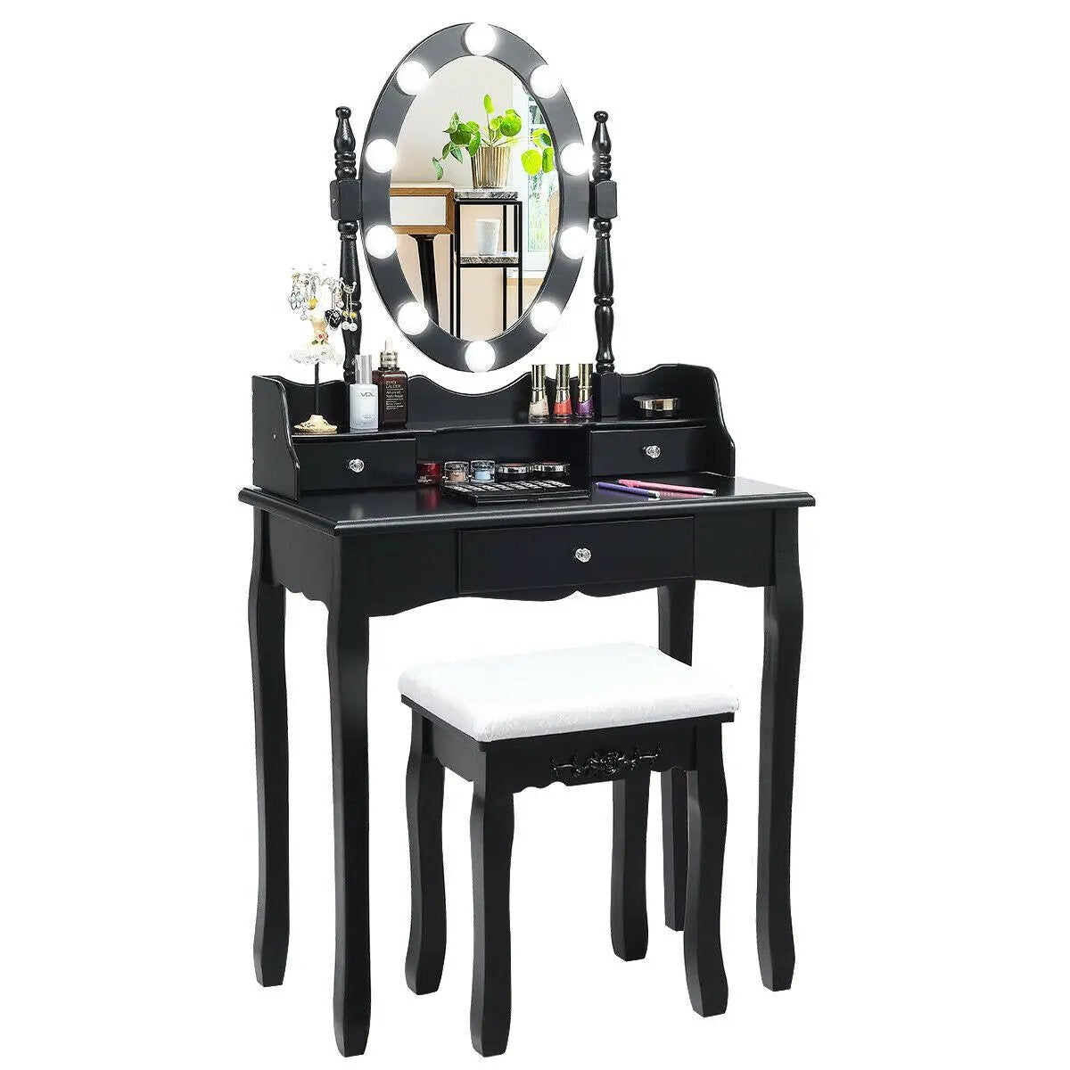 Oval Mirror Vanity Set with 10 LED Dimmable Bulbs and 3 Drawers, photo 8 of 10