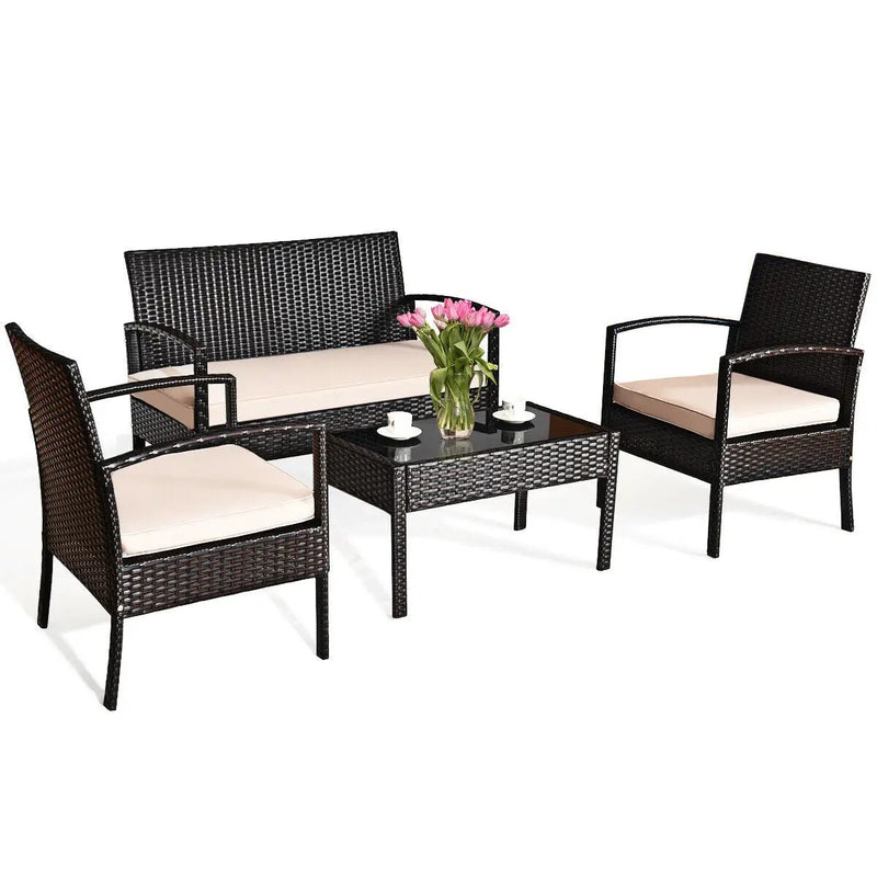 4 Pieces Patio Rattan Conversation Set with Loveseat Sofas and Coffee Table by DirectDeals