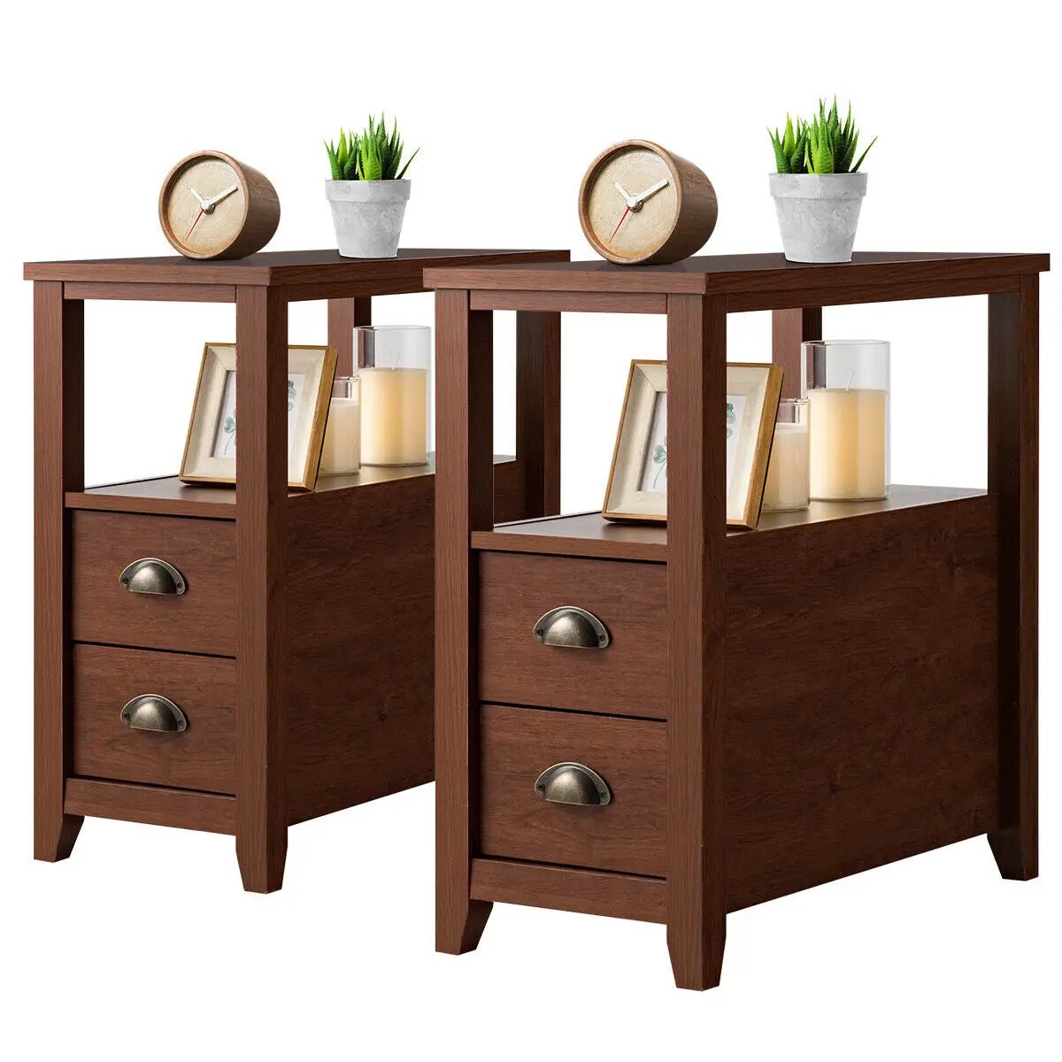 Set of 2 End Table Wooden with 2 Drawer & Shelf Bedside Table by DirectDeals
