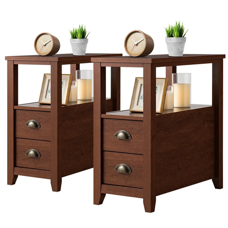 Set of 2 End Table Wooden with 2 Drawer & Shelf Bedside Table by DirectDeals