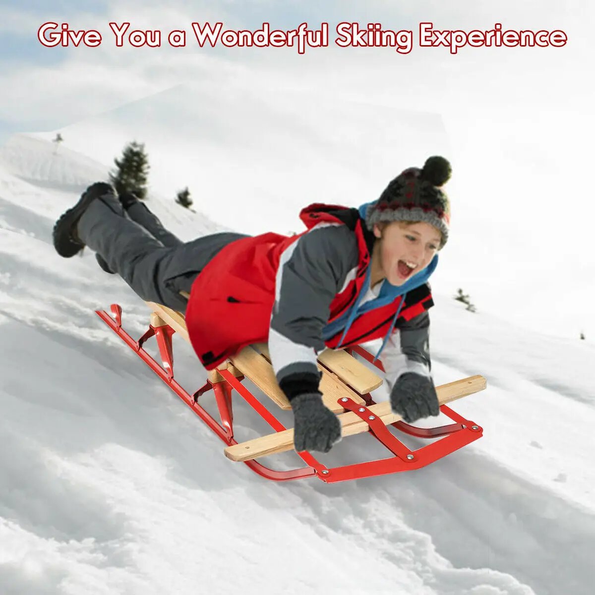 54 Inch Wood Snow Sled with Metal Runners and Steering Bar by DirectDeals