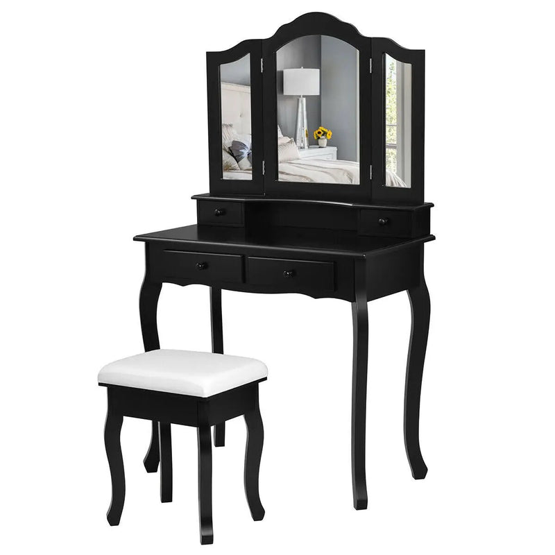 4 Drawers Wood Mirrored Vanity Dressing Table with Stool by DirectDeals