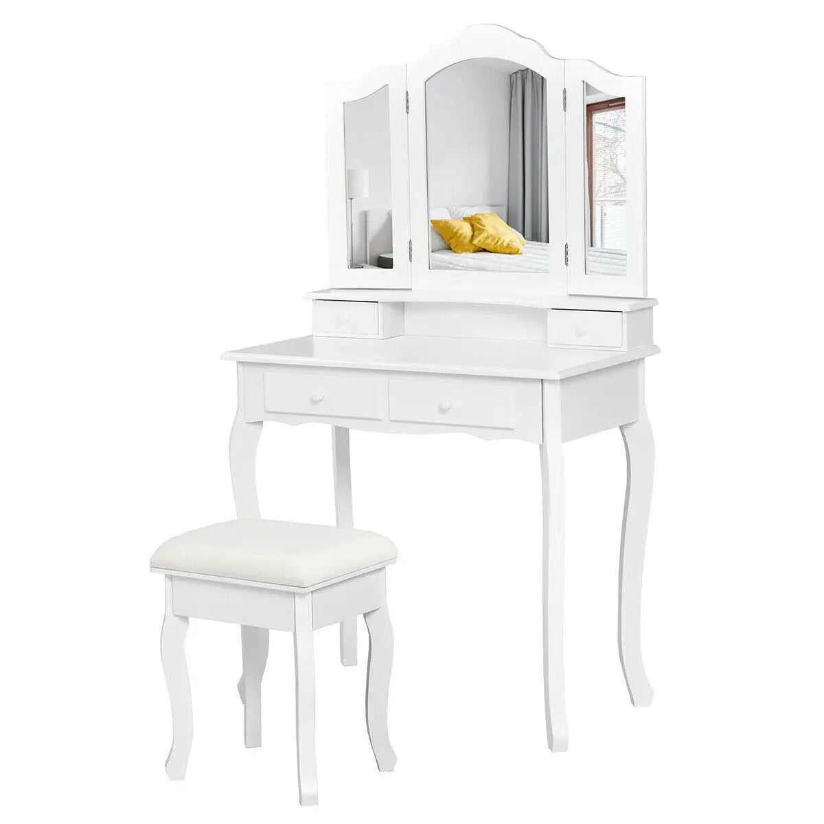 4 Drawers Wood Mirrored Vanity Dressing Table with Stool by DirectDeals