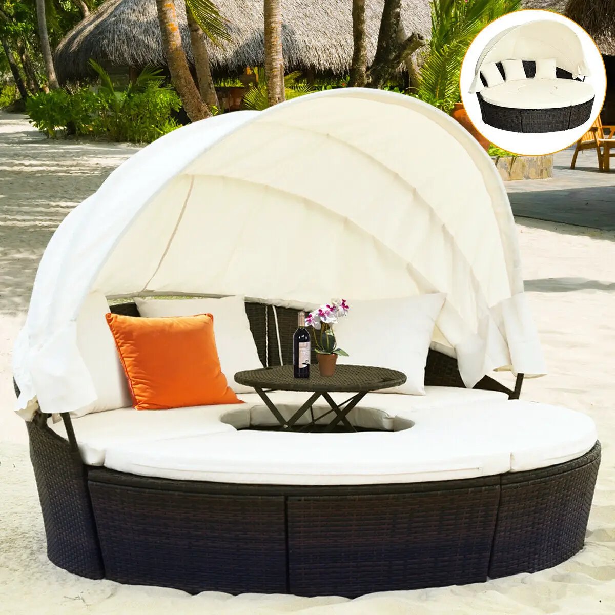 Patio Round Daybed Rattan Furniture Sets with Canopy, photo 17 of 24