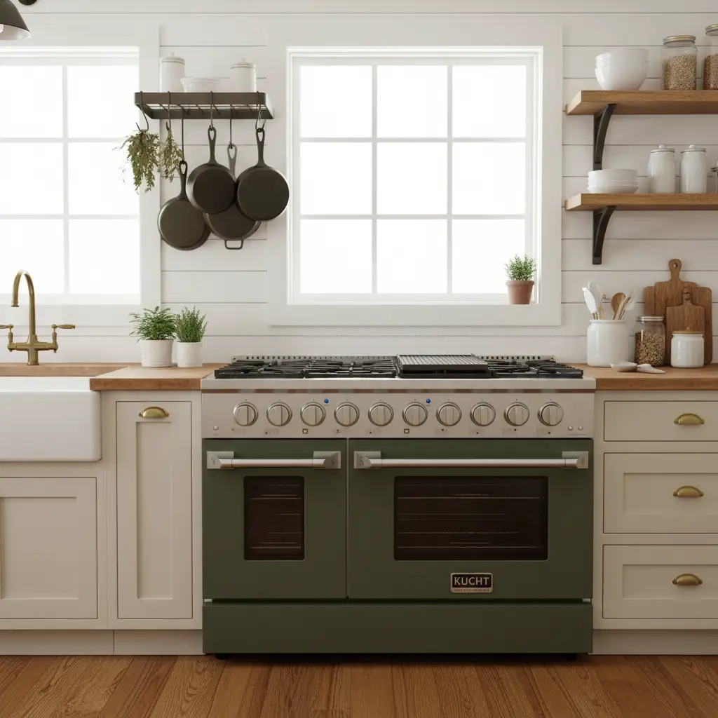 Kucht 48" Gas Range in Stainless Steel with Olive Green Oven Doors, KNG481-OG by Farmhouse Kitchen and Bath