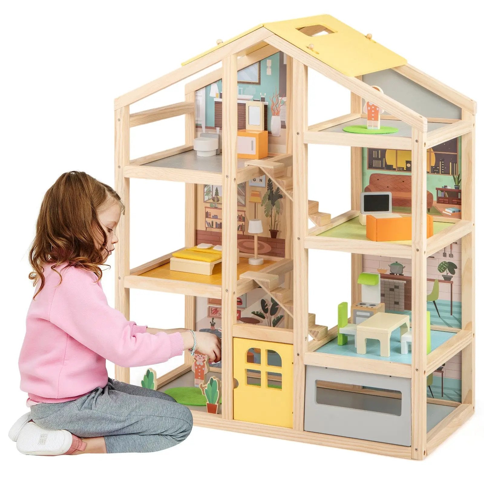 Wooden Dollhouse for Kids Modern Family Pretend Playhouse with Furniture Pieces and Figures-Natural by DirectDeals