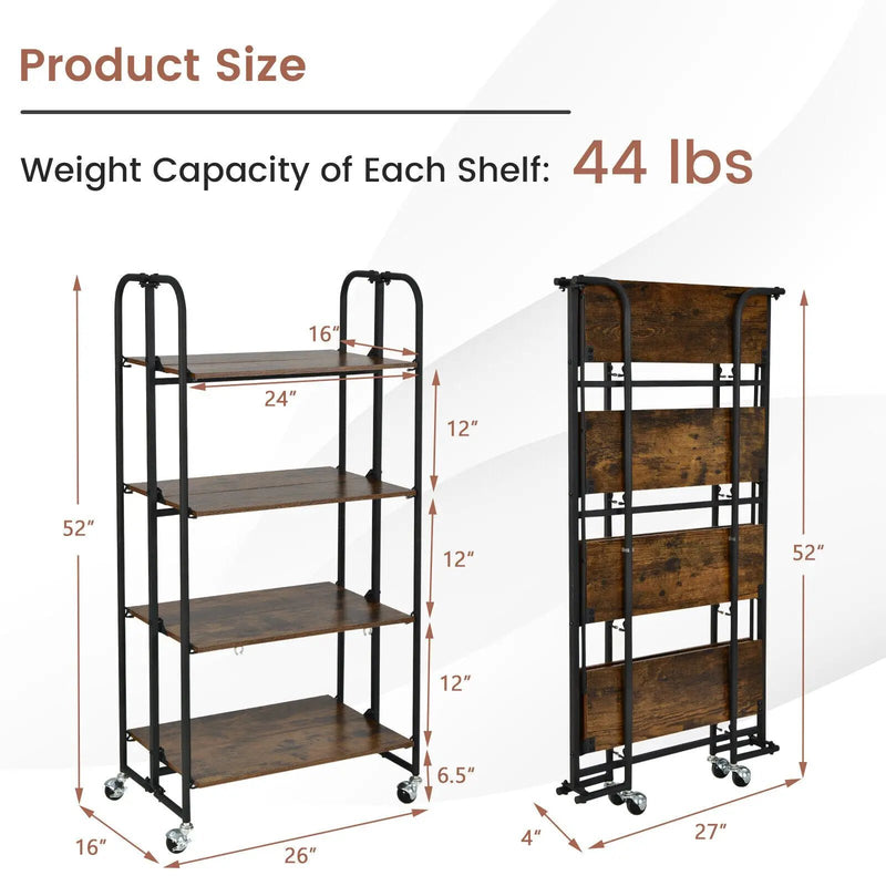 Foldable Rolling Cart with Storage Shelves for Kitchen-4-Tier by DirectDeals