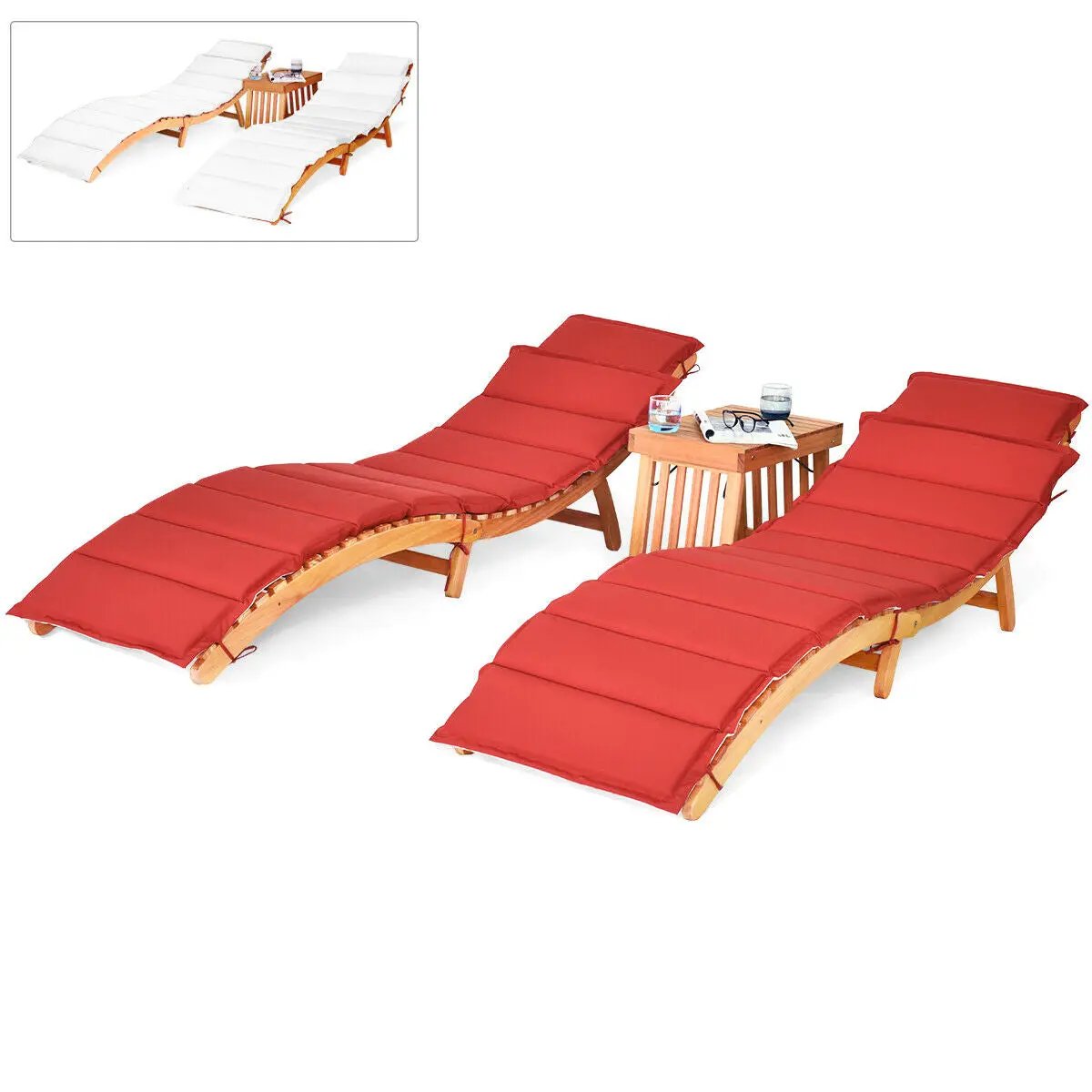 3 Pieces Folding Patio Eucalyptus Wood Lounge Chair Set with Foldable Side Table by DirectDeals
