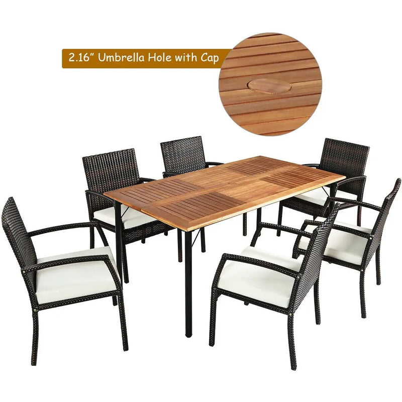 7Pcs Patio Rattan Cushioned Dining Set with Umbrella Hole by DirectDeals