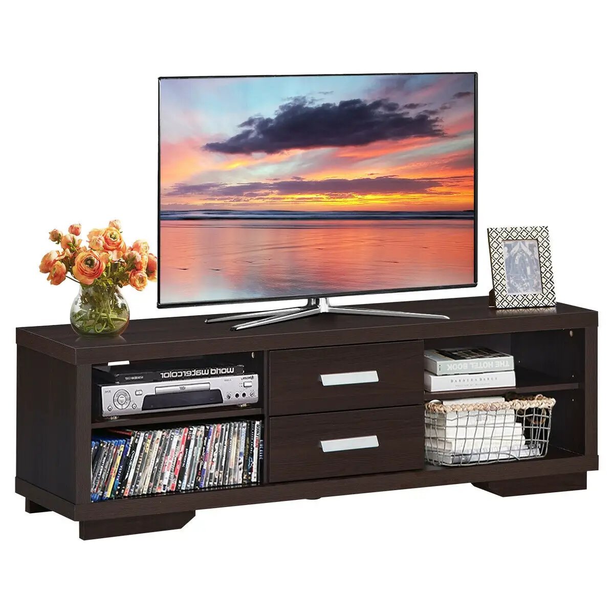 Modern TV Stand Entertainment Center with 2 Drawers and 4 Open Shelves by DirectDeals