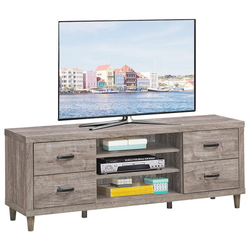 Retro Wooden TV Stand with 3 Open Shelves and 4 Drawers by DirectDeals