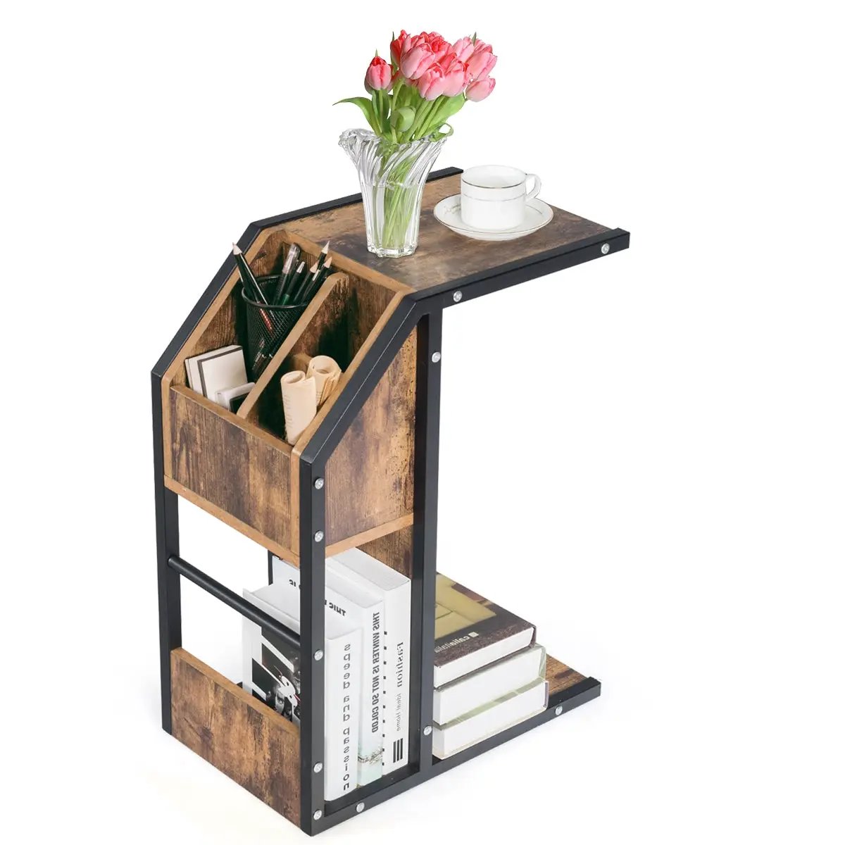 Industrial C-Shape Snack End Table with Storage Space by DirectDeals