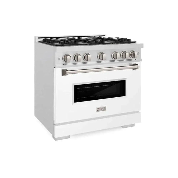 ZLINE 36" Dual Fuel Range, Gas Cooktop, Electric Convection Oven DuraSnow® Stainless Steel, White Matte Door CDRS-WM-36
