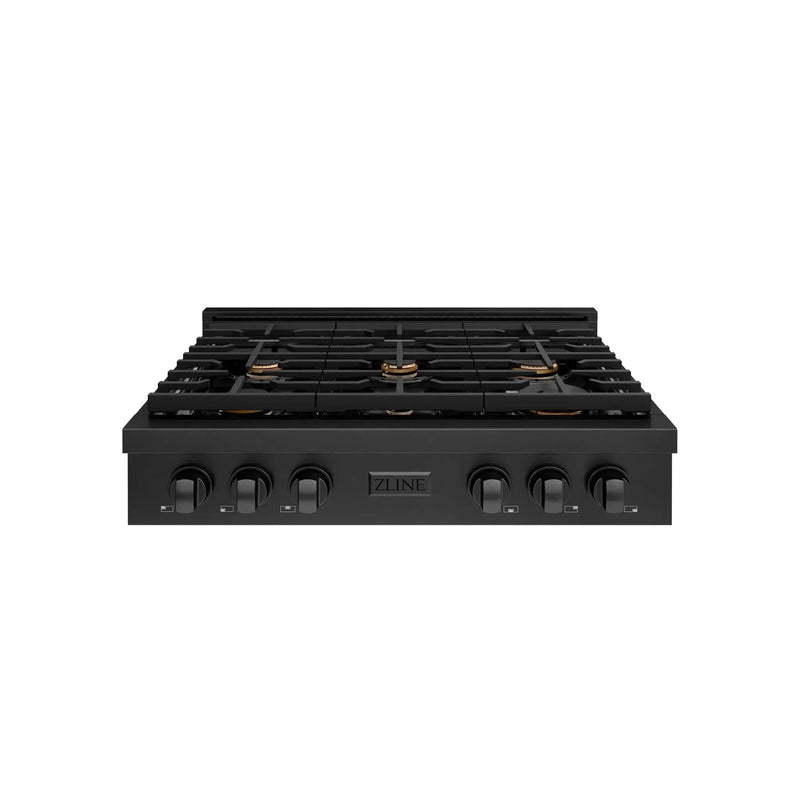 ZLINE 36" Paramount Gas Rangetop Black Stainless Steel Brass Burners SRTB-BR-36 by Farmhouse Kitchen and Bath