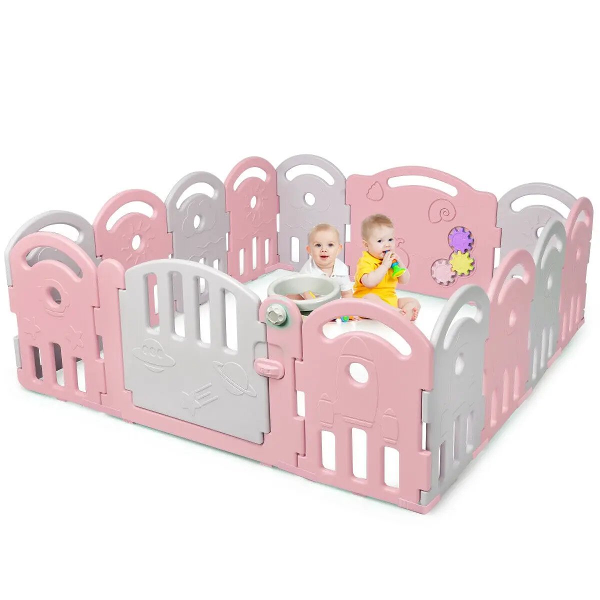 14-Panel Baby Playpen with Music Box & Basketball Hoop-Pink by DirectDeals