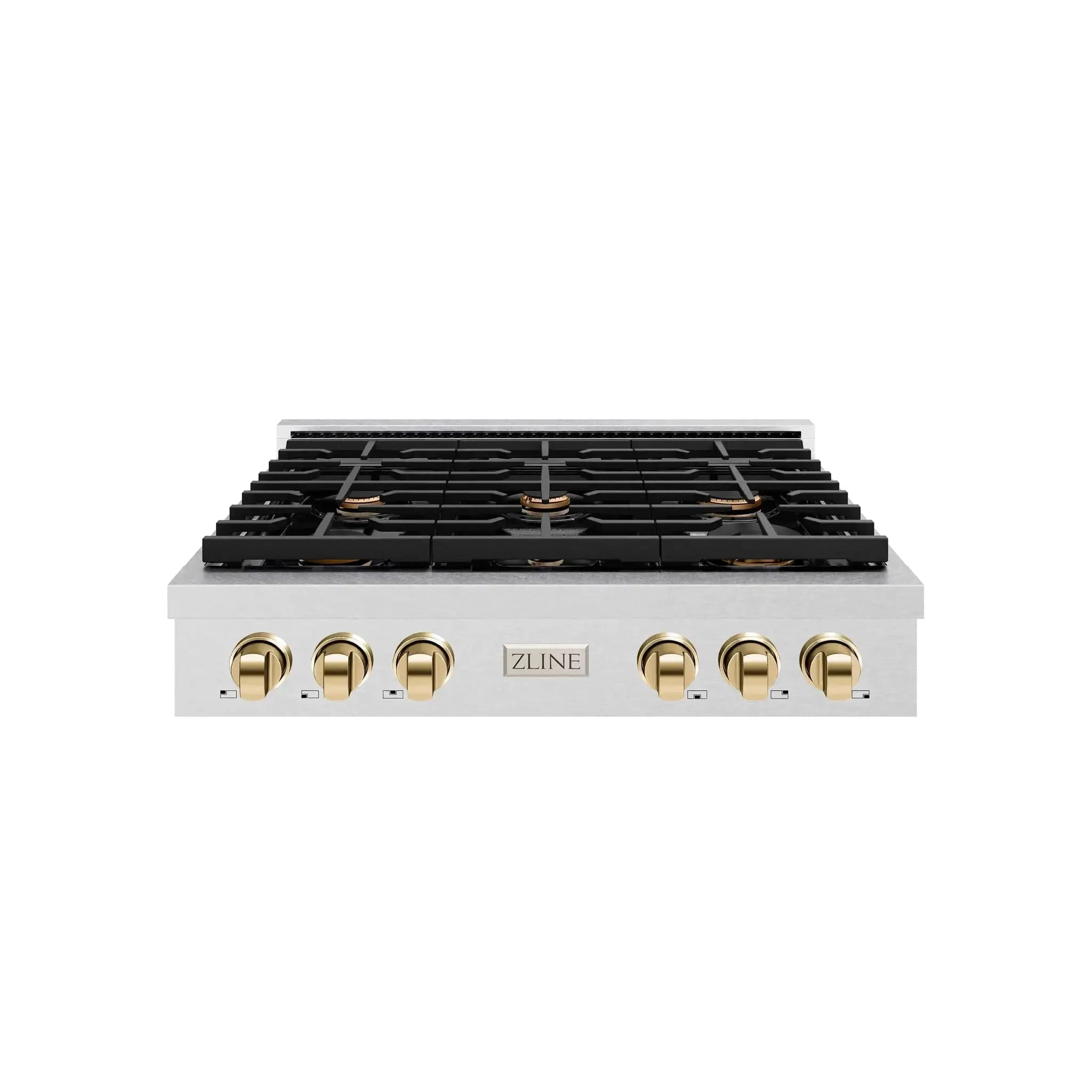 ZLINE 36" Paramount Gas Rangetop DuraSnow® Stainless Steel Polished Gold SRTSZ-36-G by Farmhouse Kitchen and Bath