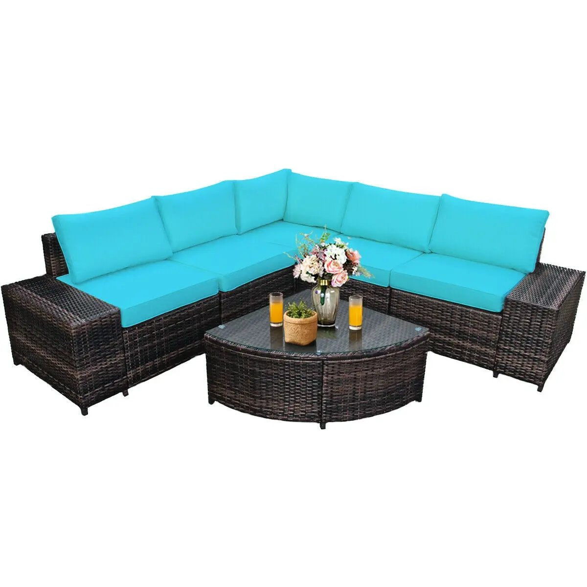 6 Piece Wicker Patio Sectional Sofa Set with Tempered Glass Coffee Table, photo 3 of 9