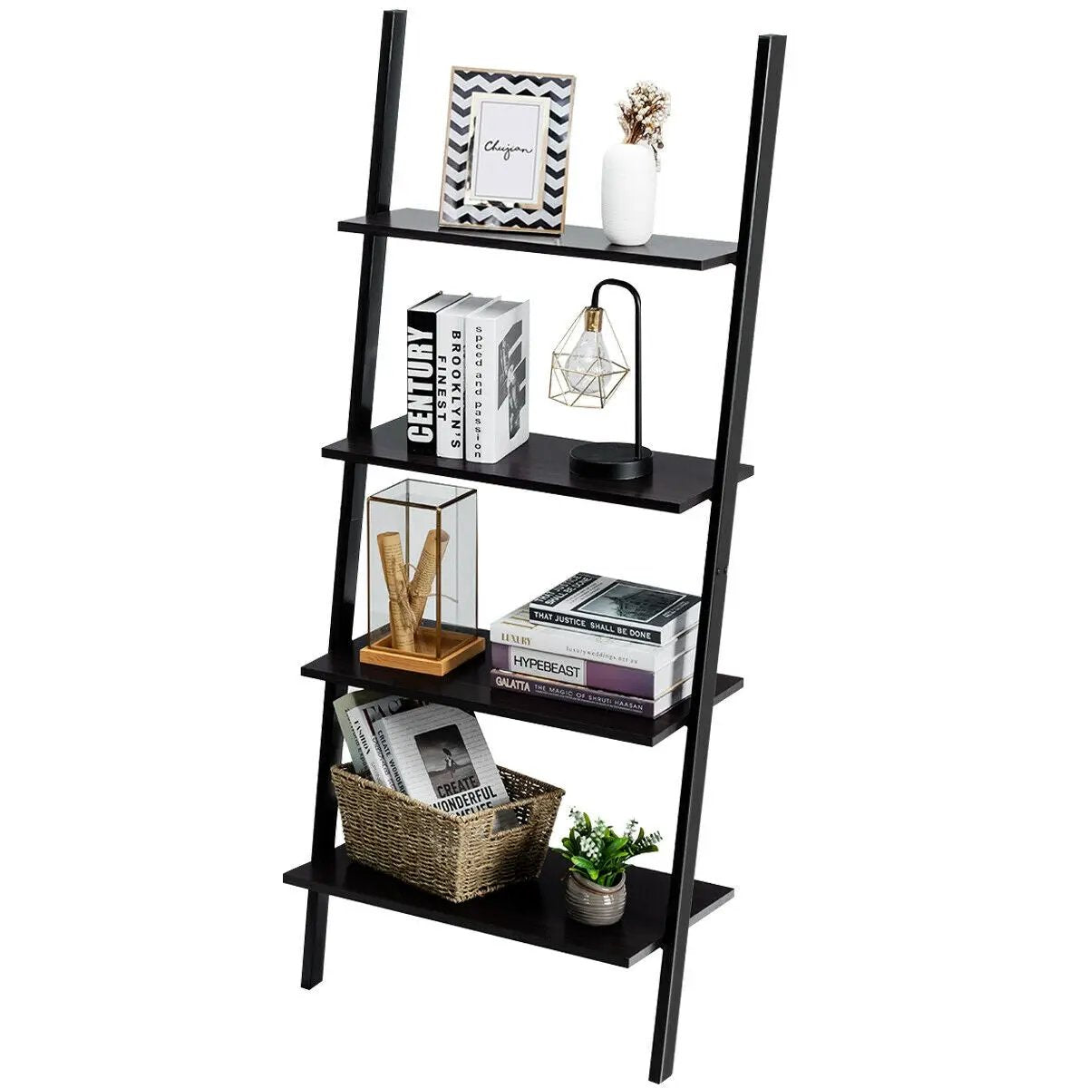 Multipurpose 4-Tier Industrial Leaning Wall Bookcase with Metal Frame, photo 9 of 16