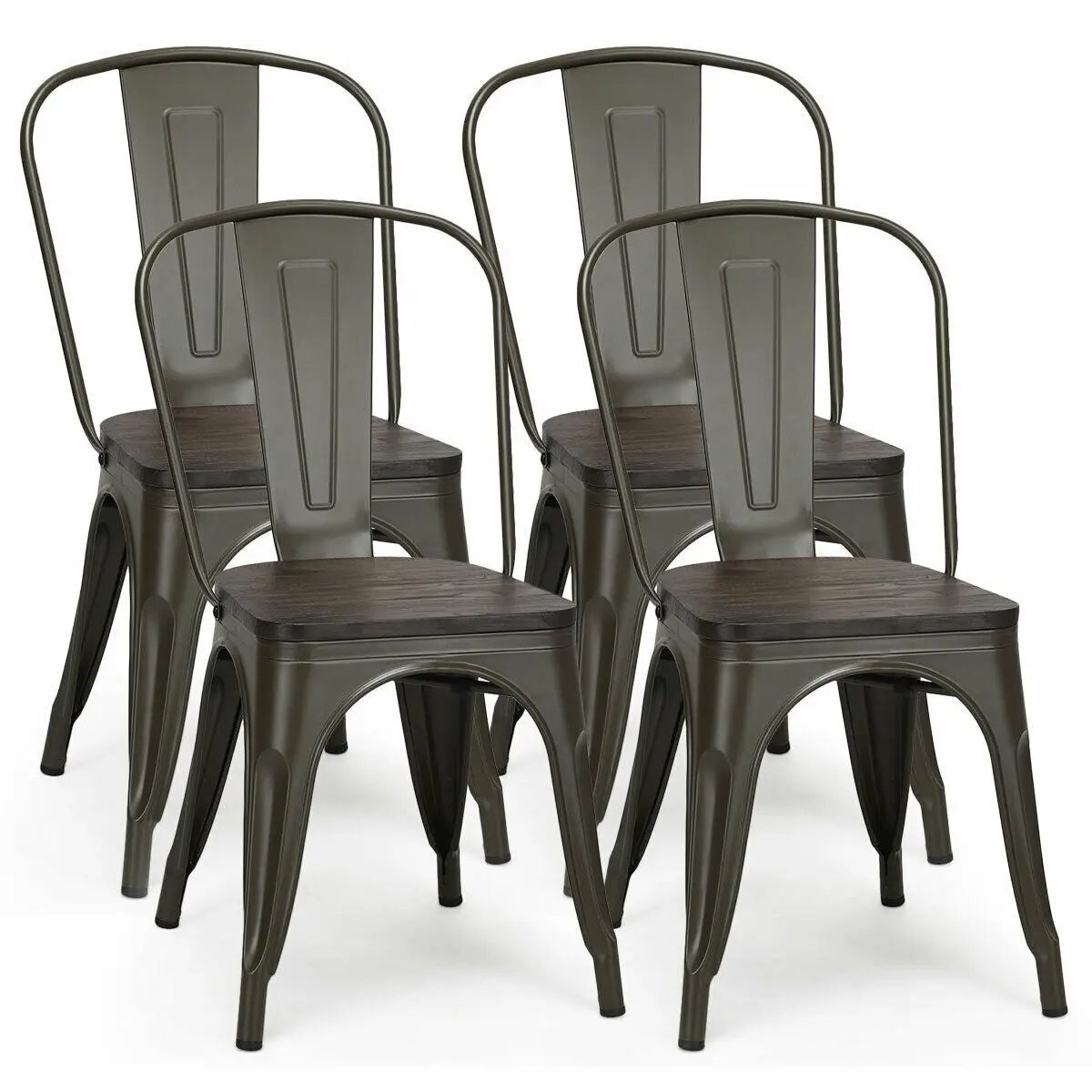 4 Pieces Tolix Style Metal Dining Side Chair Stackable Wood Seat by DirectDeals