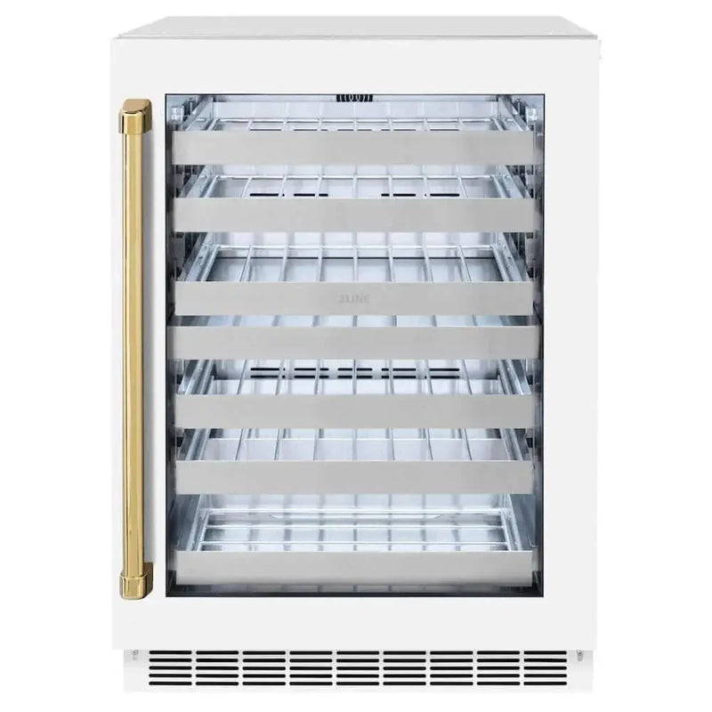 ZLINE 24" Touchstone Dual Zone 44 Bottle Wine Cooler White Matte Glass Door Polished Gold Handle RWDOZ-WM-24-G by Farmhouse Kitchen and Bath