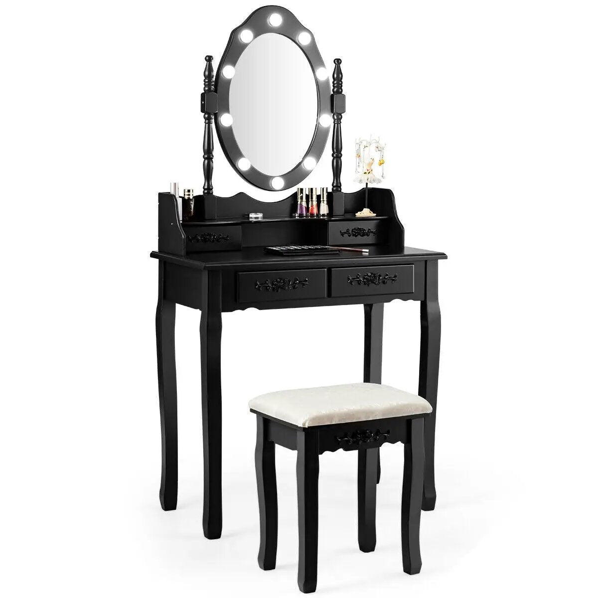Makeup Vanity Dressing Table Set with Dimmable Bulbs Cushioned Stool by DirectDeals