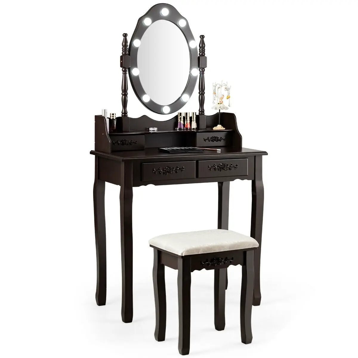 Makeup Vanity Dressing Table Set with Dimmable Bulbs Cushioned Stool by DirectDeals