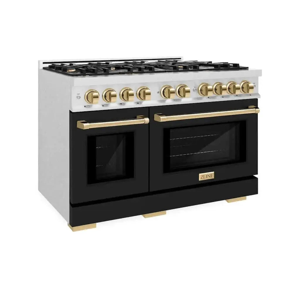 ZLINE 48" Select Dual Fuel Range Gas Cooktop Electric Convection Oven DuraSnow® Stainless Steel Black Matte Door Gold HDRSZ-BLM-48-G by Farmhouse Kitchen and Bath