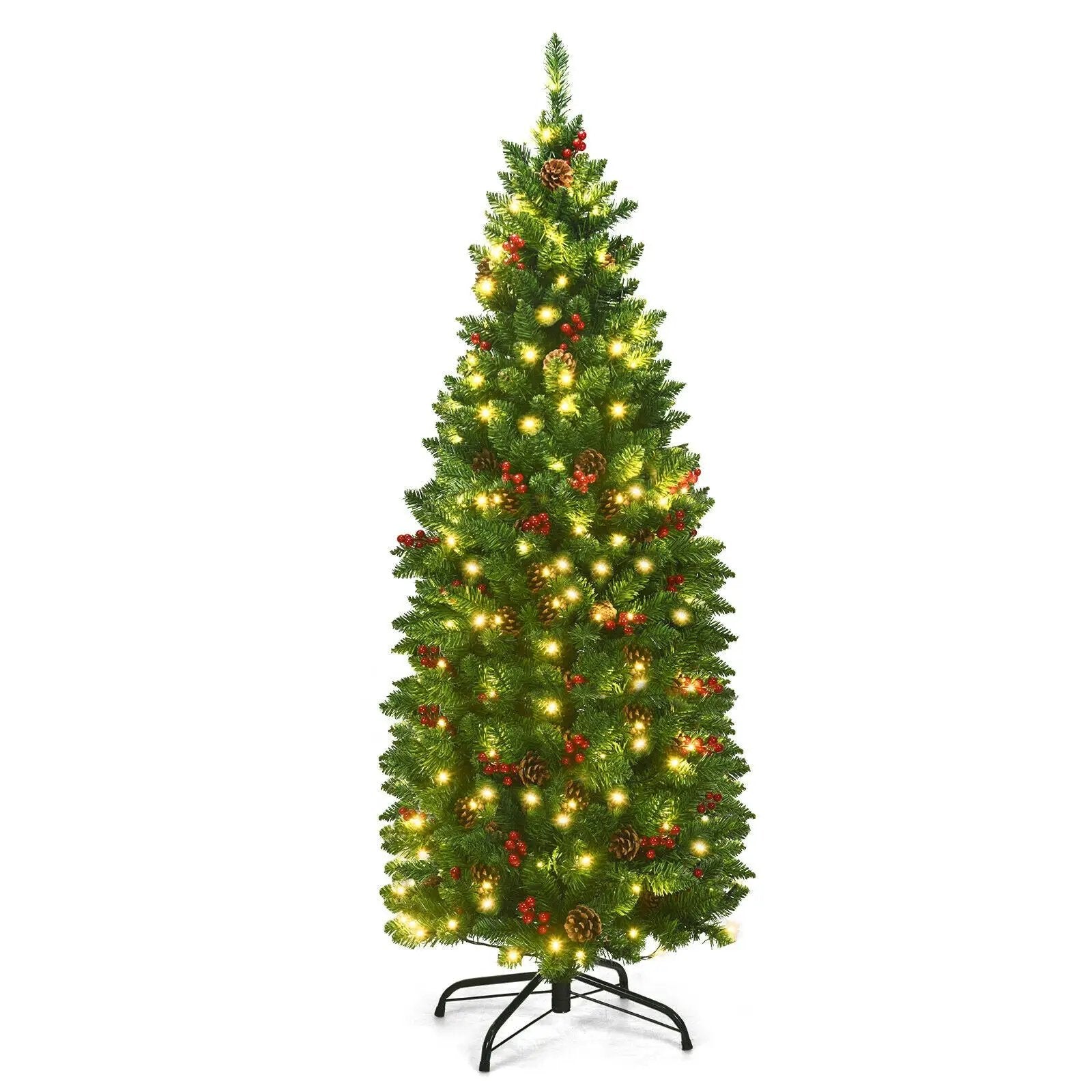 4.5 Feet Pre-lit Hinged Pencil Christmas Tree with Pine Cones Red Berries and 150 Lights by DirectDeals