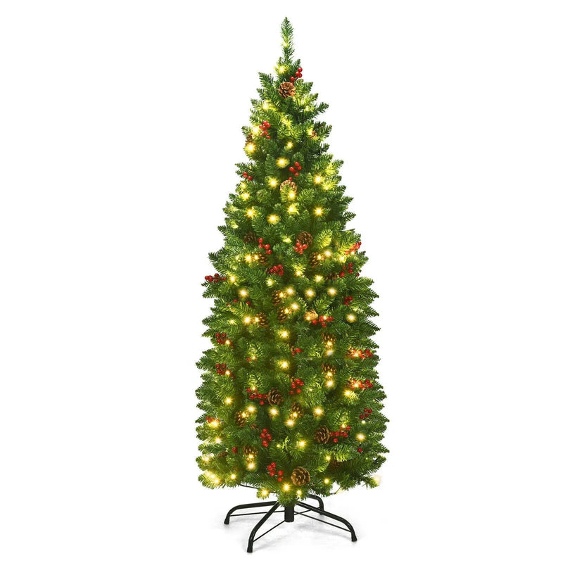 4.5 Feet Pre-lit Hinged Pencil Christmas Tree with Pine Cones Red Berries and 150 Lights by DirectDeals