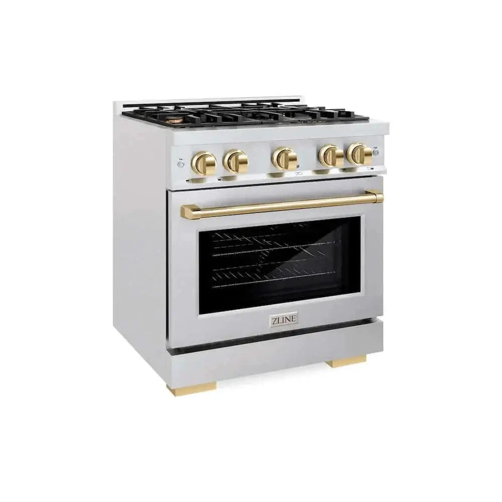 ZLINE 30" Select Dual Fuel Range Gas Cooktop Electric Convection Oven DuraSnow® Stainless Steel Gold HDRSZ-30-G by Farmhouse Kitchen and Bath