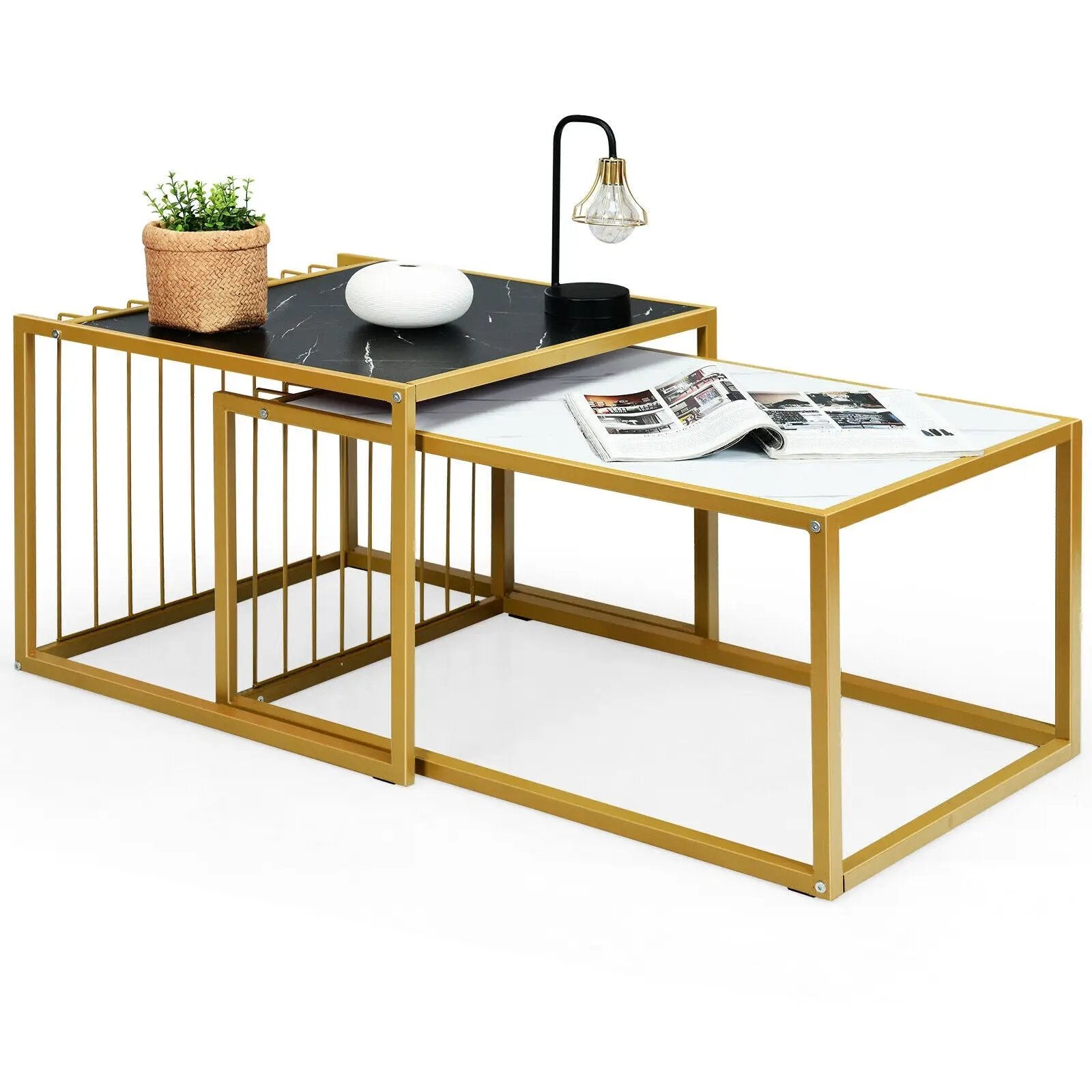 Set of 2 Modern Stackable 31.5 Inch Side Table with Waterproof Faux Marble Tabletop by DirectDeals