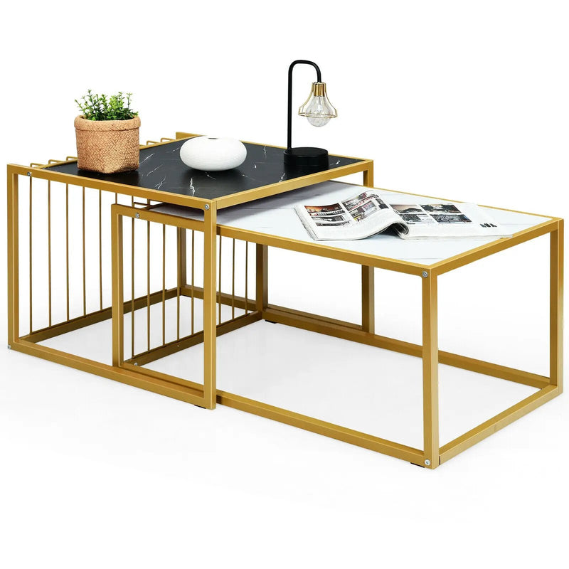 Set of 2 Modern Stackable 31.5 Inch Side Table with Waterproof Faux Marble Tabletop by DirectDeals