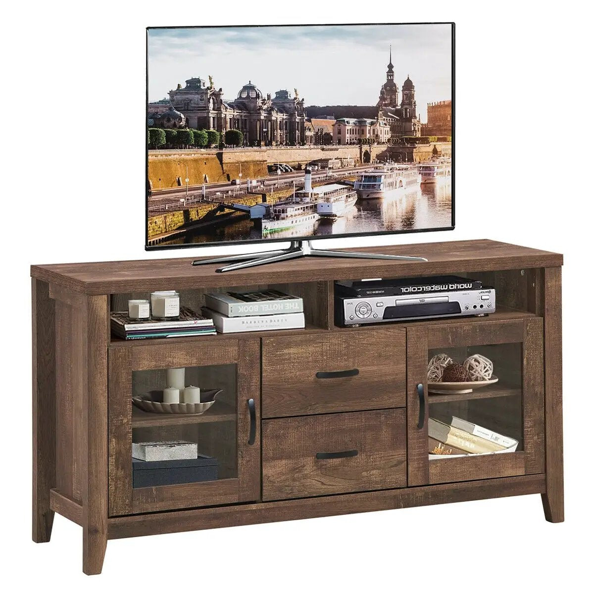 Wooden Retro TV Stand with Drawers and Tempered Glass Doors by DirectDeals