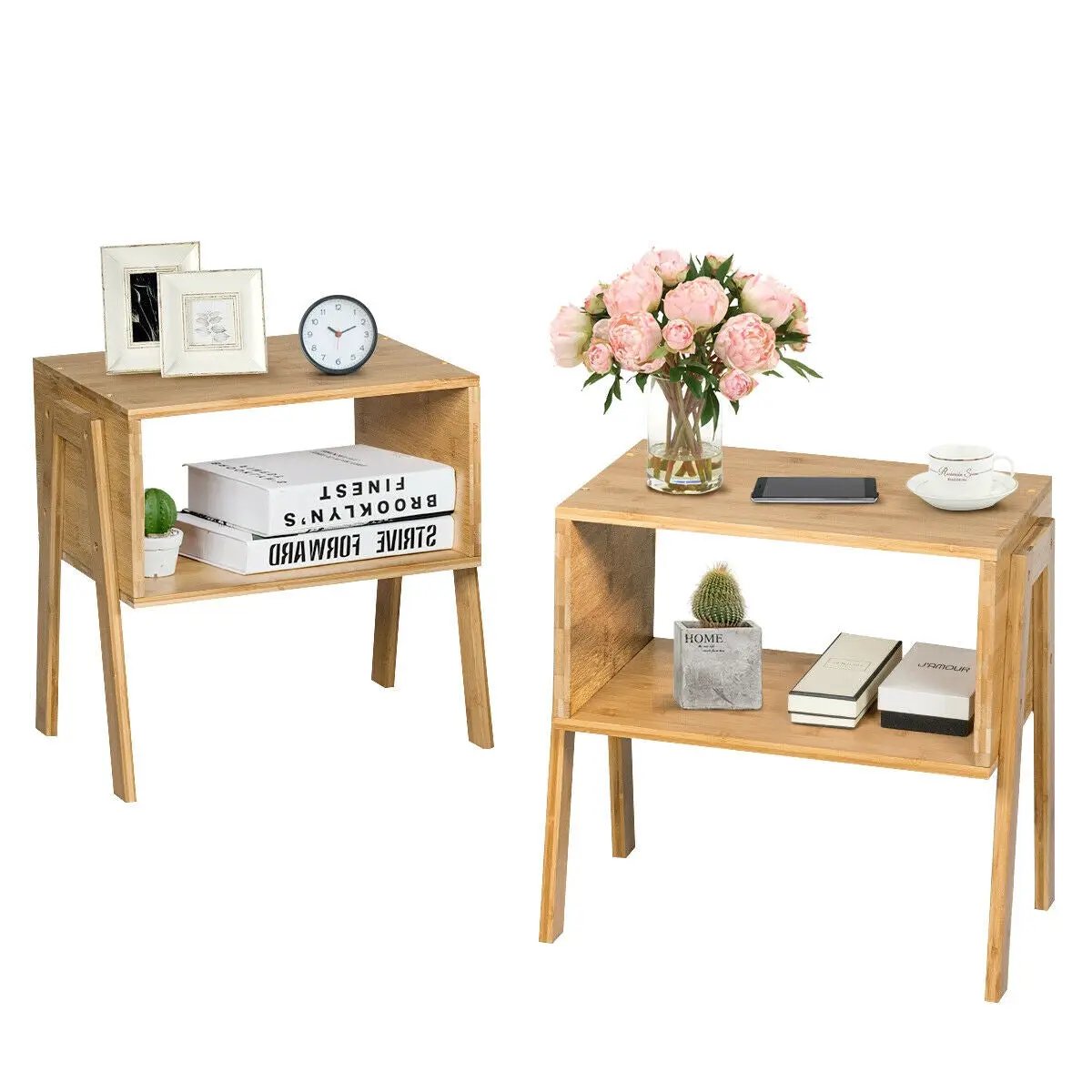 2 Pieces Bamboo Nightstand Sofa Table with Storage Shelf by DirectDeals