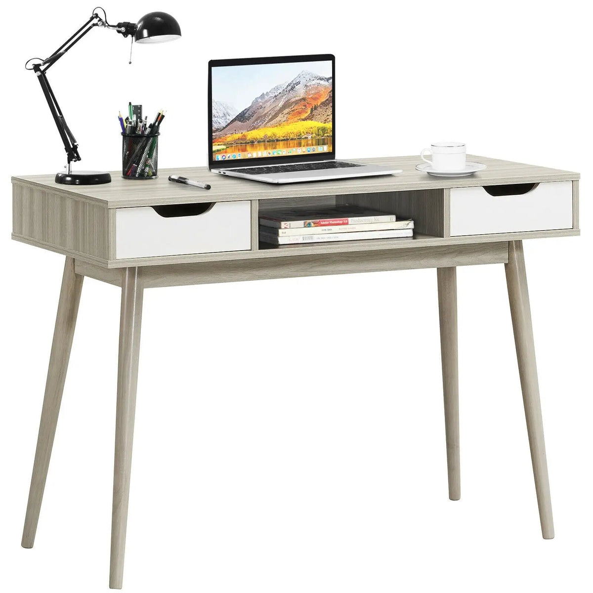 Stylish Computer Desk Workstation with 2 Drawers and Solid Wood Legs, photo 5 of 16