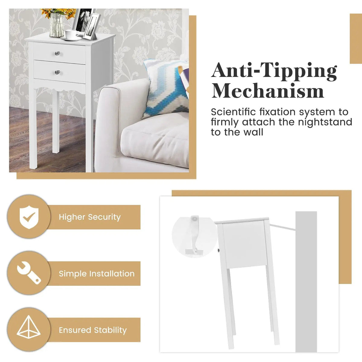 Side Table End Accent Table with 2 Drawers-White, photo 8 of 8