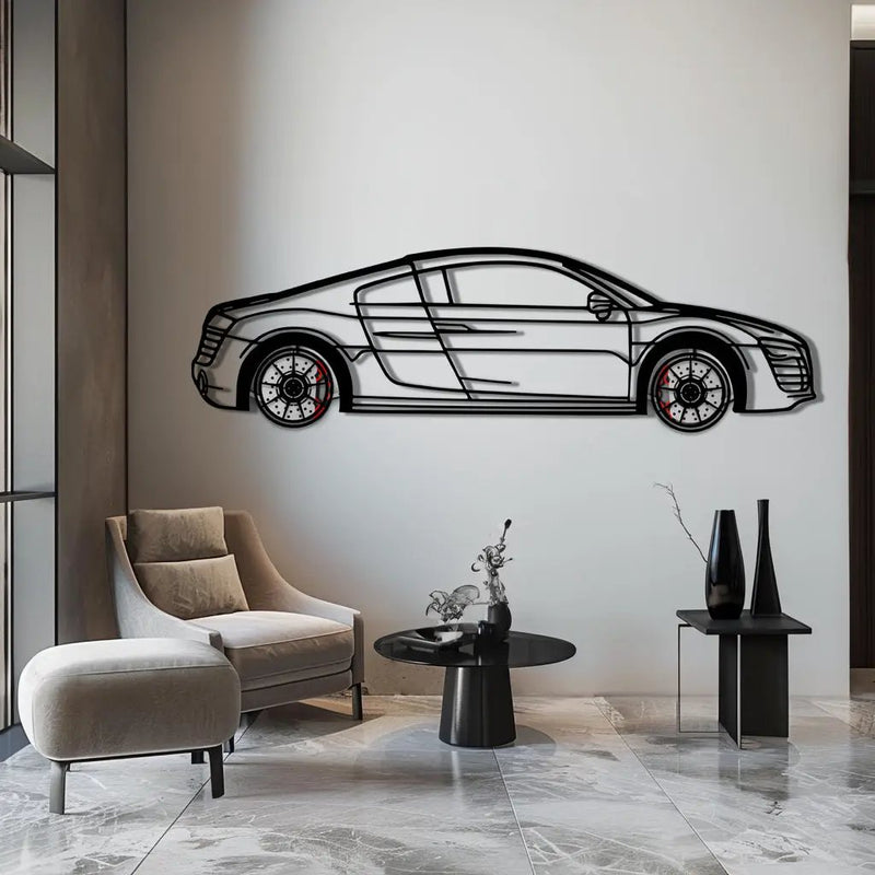Audi R8 Metal Car Wall Art with Rotating Wheels - Exotic Supercar Silhouette Decor - Interactive Automotive Wall Art KAFMEKA096 by Enova Art